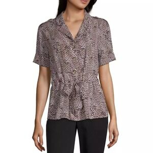 Worthington Y Neck Animal Print Short Sleeve Blouse Size XL EUC